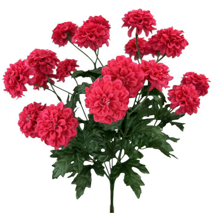 Hot pink mini zinnia artificial bush with clustered blooms and green foliage, 17 inch floral stem SKU 64016HTPK