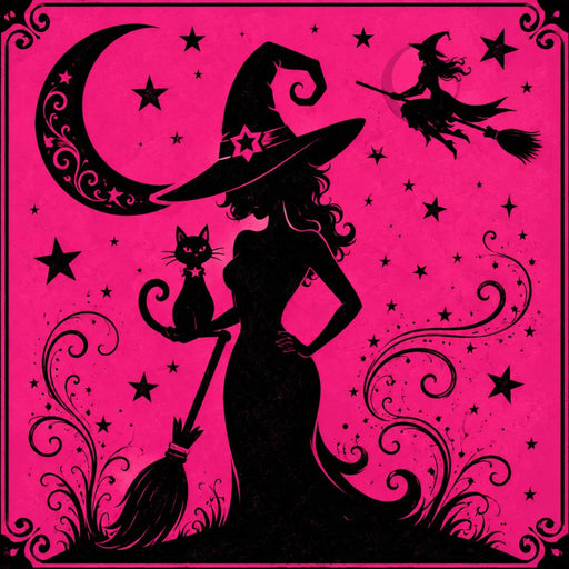 Hot pink 10 inch Halloween metal sign with black witch silhouette, black cat, broom, crescent moon, stars and flying witch, TTE-651.