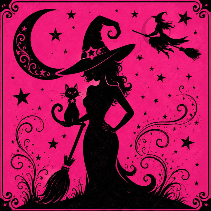 Hot pink 10 inch Halloween metal sign with black witch silhouette, black cat, broom, crescent moon, stars and flying witch, TTE-651.