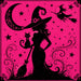 Hot pink 10 inch Halloween metal sign with black witch silhouette, black cat, broom, crescent moon, stars and flying witch, TTE-651.