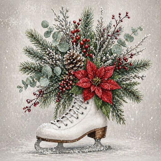10 x 10 metal Christmas wreath sign featuring a vintage white ice skate filled with evergreen branches, poinsettia, pinecones, eucalyptus, and red berries. Exclusive Trendy Tree Design for deco mesh wreaths, grapevine wreaths, or framing. SKU TTE-483.