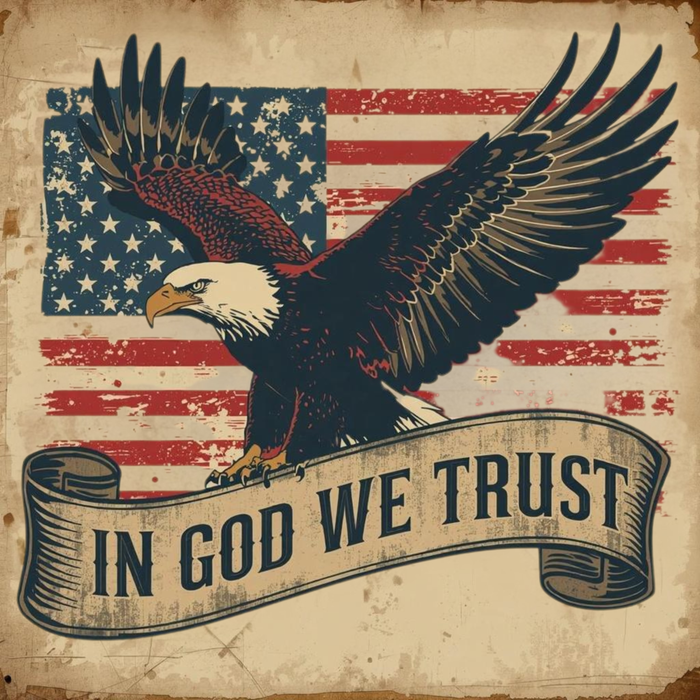 Vintage-style 10-inch metal sign featuring a flying bald eagle, distressed American flag background, and “In God We Trust” banner — ideal for patriotic wreaths or rustic decor.