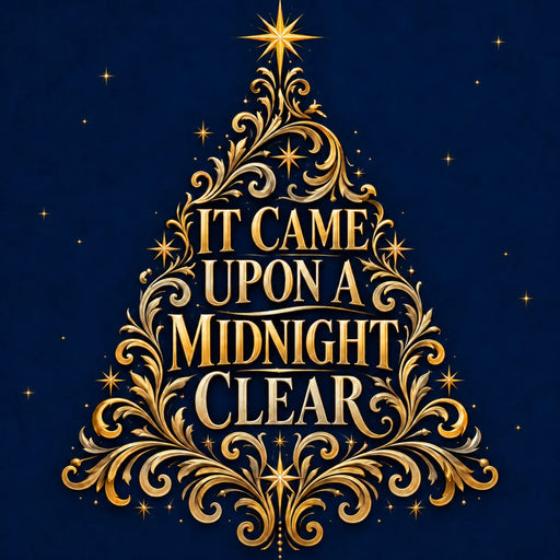 It Came Upon a Midnight Clear Christmas carol design featuring elegant gold lettering, ornate gold scrollwork arranged in a Christmas tree shape, a brilliant golden star, and scattered stars against a deep navy blue background. Flat metal Christmas wreath sign TTE-875.