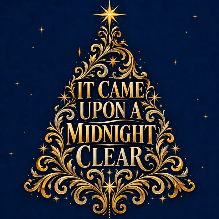 It Came Upon a Midnight Clear Christmas carol design featuring elegant gold lettering, ornate gold scrollwork arranged in a Christmas tree shape, a brilliant golden star, and scattered stars against a deep navy blue background. Flat metal Christmas wreath sign TTE-875.