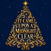 It Came Upon a Midnight Clear Christmas carol design featuring elegant gold lettering, ornate gold scrollwork arranged in a Christmas tree shape, a brilliant golden star, and scattered stars against a deep navy blue background. Flat metal Christmas wreath sign TTE-875.