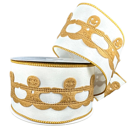 Ivory linen wired Christmas ribbon with golden brown gingerbread people and decorative cutout details, 2.5 inches x 10 yards, SKU 76645-40-35.