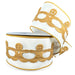 Ivory linen wired Christmas ribbon with golden brown gingerbread people and decorative cutout details, 2.5 inches x 10 yards, SKU 76645-40-35.