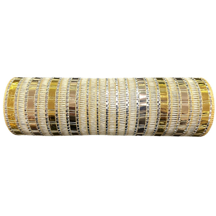 An Ivory Gold Silver Ombre Mesh roll, measuring 10 inches by 10 yards (XB266410-14), featuring alternating gold, silver, and black metallic rectangular patterns in horizontal rows reminiscent of sophisticated mesh detailing.