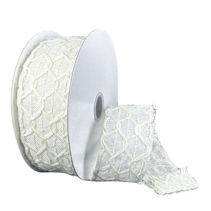 1.5 inch wired ivory linen ribbon with cream scalloped open weave overlay for wreath making and farmhouse decor SKU 42651-09-01