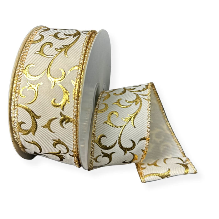 Ivory linen wired ribbon with embossed metallic gold swirls and gold edges, 1.5 inches wide by 10 yards.