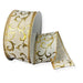 Ivory linen wired ribbon with embossed metallic gold swirls and gold edges, 1.5 inches wide by 10 yards.