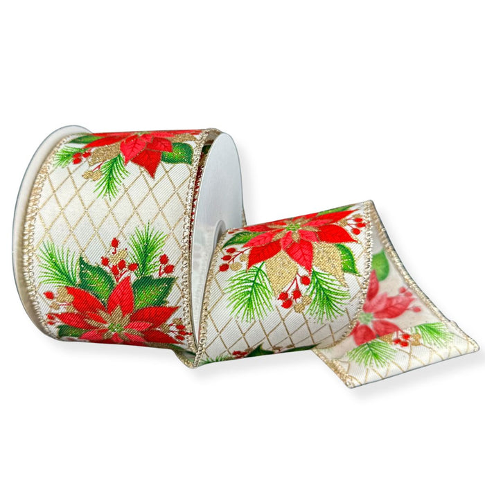 Ivory wired Christmas ribbon with red poinsettias, green pine and gold diamond lattice pattern, 2.5 inches by 10 yards.