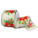Ivory wired Christmas ribbon with red poinsettias, green pine and gold diamond lattice pattern, 2.5 inches by 10 yards.