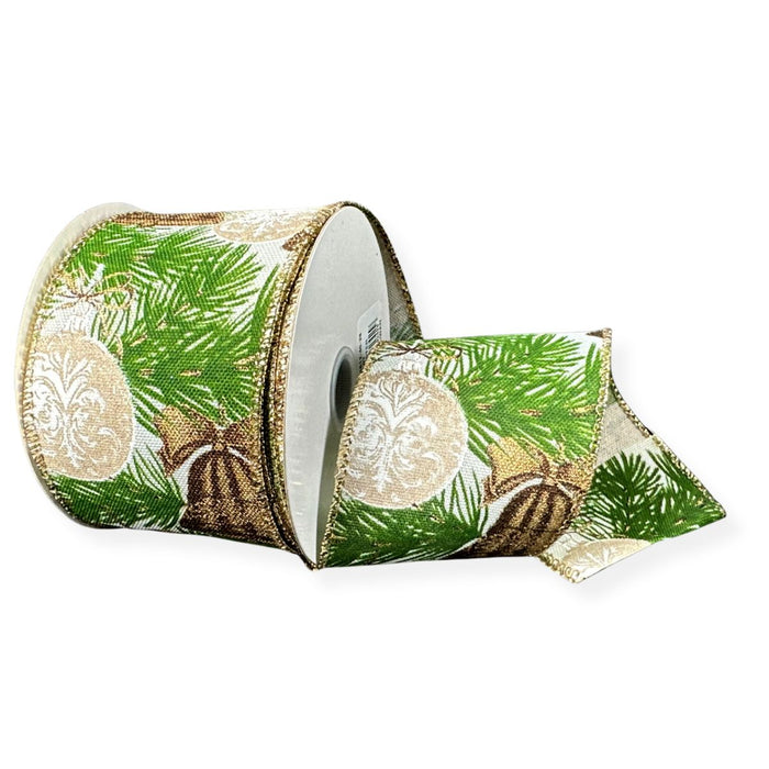 Ivory linen Christmas ribbon with ornate gold and white ornaments, green pine branches and metallic gold accents.