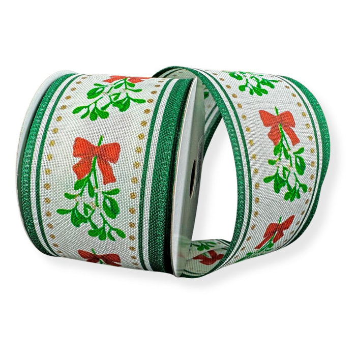 A partially unspooled roll of 2.5" Ivory Linen Mistletoe & Bow Wired Ribbon (76502-40-07), featuring green edges and adorned with red bows and green mistletoe patterns—a charming Christmas ribbon perfect for festive crafting.