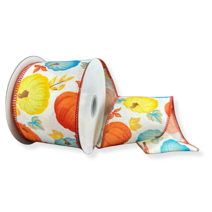 2.5-inch ivory linen wired ribbon with orange, teal, and yellow pumpkins on a 10-yard roll for fall wreaths, bows, garlands, and harvest decorating.