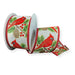 2.5-inch ivory linen wired ribbon featuring red cardinals, pinecones, pine branches, berries, and red glitter edges on a 10-yard roll.