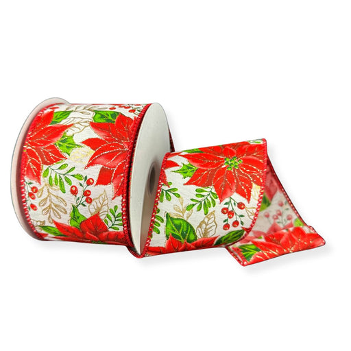 Ivory wired Christmas ribbon with red poinsettias, green foliage and gold leaves, 2.5 inches wide by 10 yards.