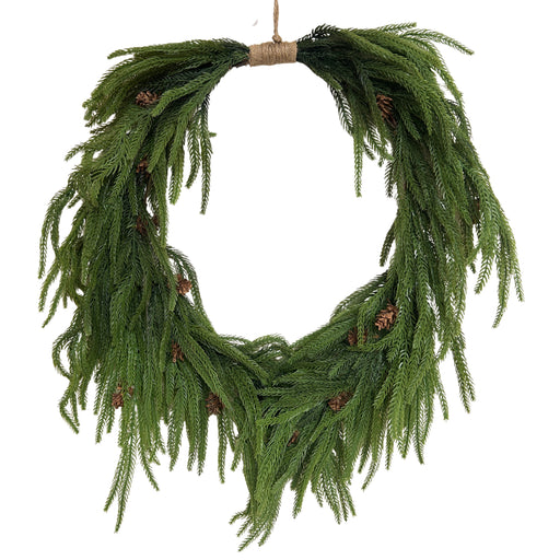 Japanese cedar cryptomeria wreath with cascading green Norfolk pine-style foliage, small brown pinecones, and rustic jute hanger, 20 x 25 inches, XW61458-063.