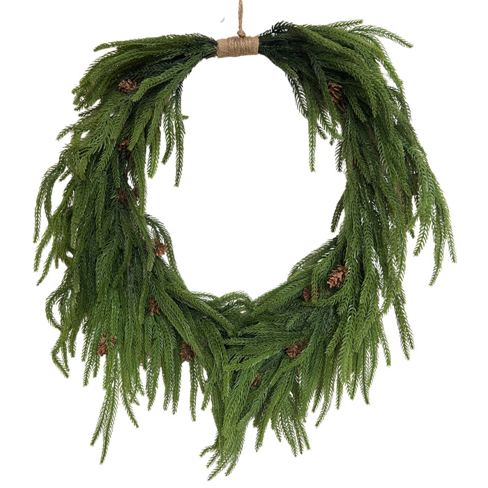 Japanese cedar cryptomeria wreath with cascading green Norfolk pine-style foliage, small brown pinecones, and rustic jute hanger, 20 x 25 inches, XW61458-063.