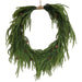 Japanese cedar cryptomeria wreath with cascading green Norfolk pine-style foliage, small brown pinecones, and rustic jute hanger, 20 x 25 inches, XW61458-063.