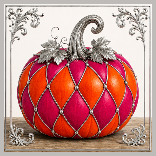 Jeweled fuchsia and orange pumpkin metal sign with silver diamond pattern, ornate silver stem and leaves, elegant fall harvest décor for wreaths, door hangers, and framed displays.