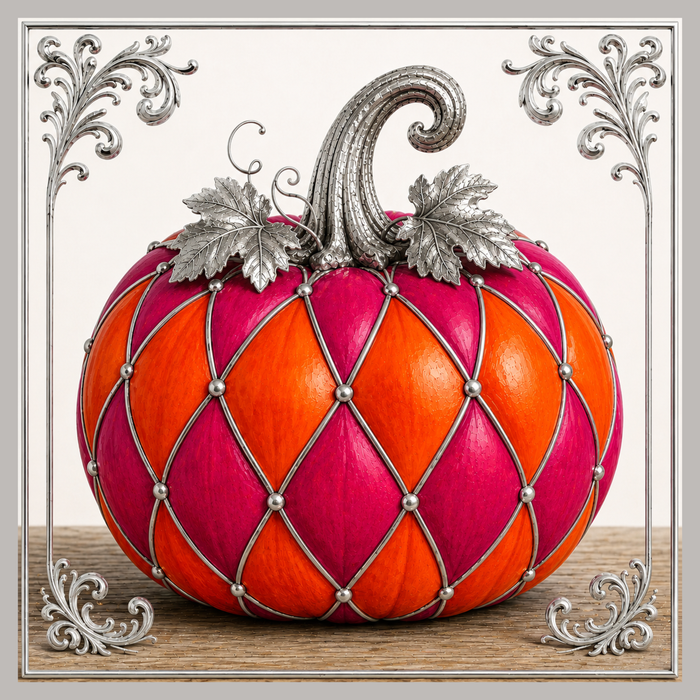 Jeweled fuchsia and orange pumpkin metal sign with silver diamond pattern, ornate silver stem and leaves, elegant fall harvest décor for wreaths, door hangers, and framed displays.