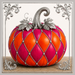 Jeweled fuchsia and orange pumpkin metal sign with silver diamond pattern, ornate silver stem and leaves, elegant fall harvest décor for wreaths, door hangers, and framed displays.