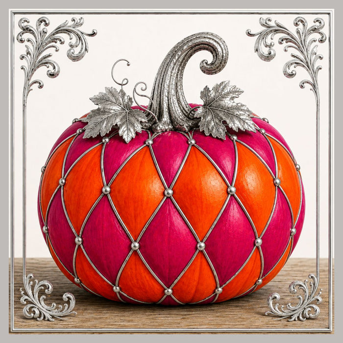Jeweled fuchsia and orange pumpkin metal sign with silver diamond pattern, ornate silver stem and leaves, elegant fall harvest décor for wreaths, door hangers, and framed displays.