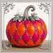 Jeweled fuchsia and orange pumpkin metal sign with silver diamond pattern, ornate silver stem and leaves, elegant fall harvest décor for wreaths, door hangers, and framed displays.