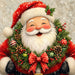 Jolly Santa with evergreen Christmas wreath, red bow, ornaments, berries and pinecones metal sign
