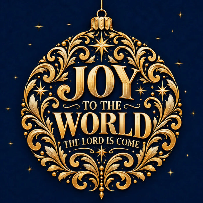 Joy to the World, The Lord Is Come Christmas design featuring elegant gold lettering, ornate gold scrollwork, decorative stars, and a rich navy blue background. Flat metal Christmas wreath sign TTE-874.