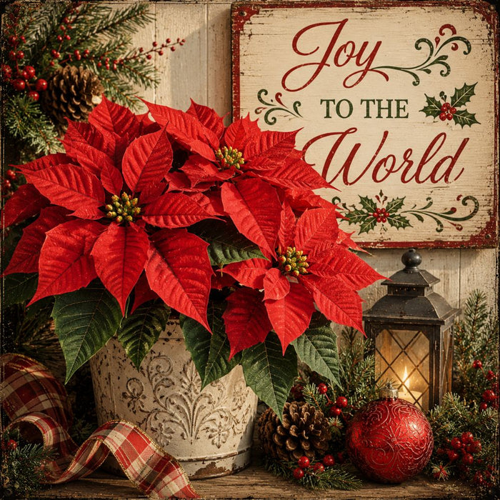Joy to the World 10 inch metal Christmas sign with red poinsettias in a distressed white pot, evergreen, plaid ribbon, pinecones, red berries, ornament and glowing black lantern, TTE-664.