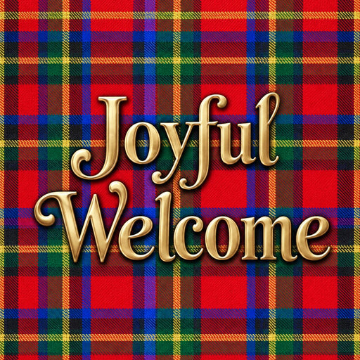 Joyful Welcome Christmas metal sign with gold lettering on red green and blue tartan plaid background