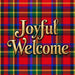 Joyful Welcome Christmas metal sign with gold lettering on red green and blue tartan plaid background