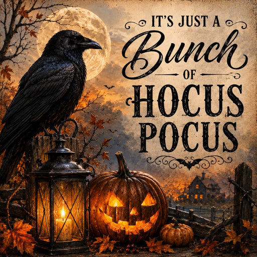 It's Just a Bunch of Hocus Pocus crow Halloween metal sign featuring a black crow, glowing jack-o'-lantern, rustic lantern, full moon, and vintage autumn landscape. Exclusive Trendy Tree Design. SKU TTE-567.
