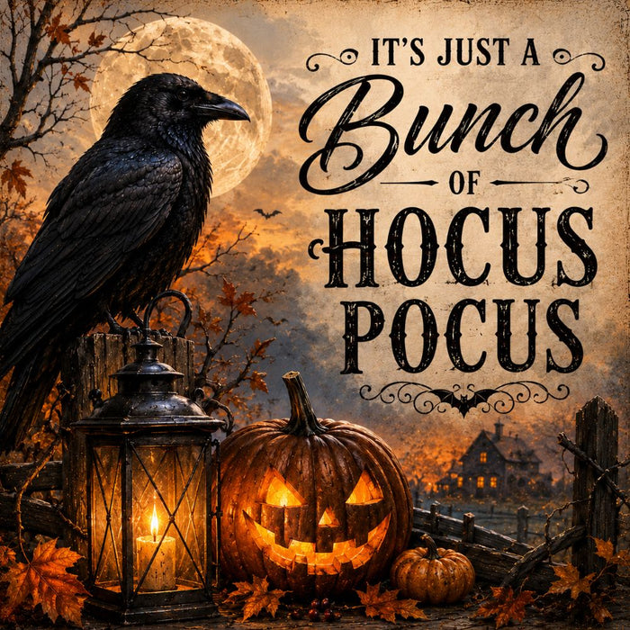It's Just a Bunch of Hocus Pocus crow Halloween metal sign featuring a black crow, glowing jack-o'-lantern, rustic lantern, full moon, and vintage autumn landscape. Exclusive Trendy Tree Design. SKU TTE-567.