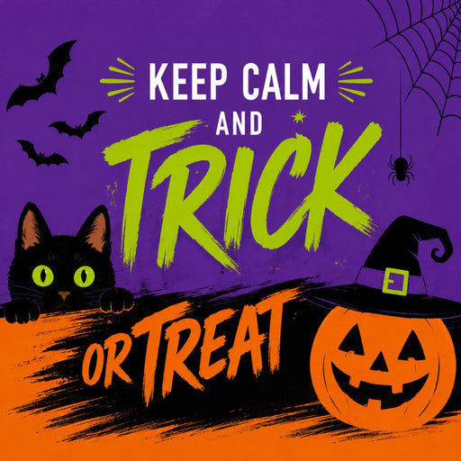 Keep Calm and Trick or Treat Halloween metal sign featuring a black cat, jack-o'-lantern with witch hat, bats, spider web, and bold purple, orange, and lime green colors. Exclusive Trendy Tree Design. SKU TTE-557.