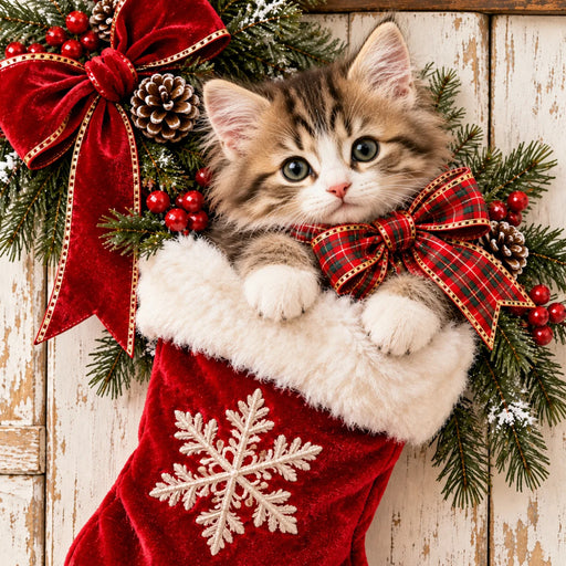 Brown and white tabby kitten with green eyes and a red plaid bow peeking out of a red velvet Christmas stocking with a white snowflake, surrounded by snowy evergreens, red berries, pinecones, and velvet ribbon. Flat metal sign TTE-871.