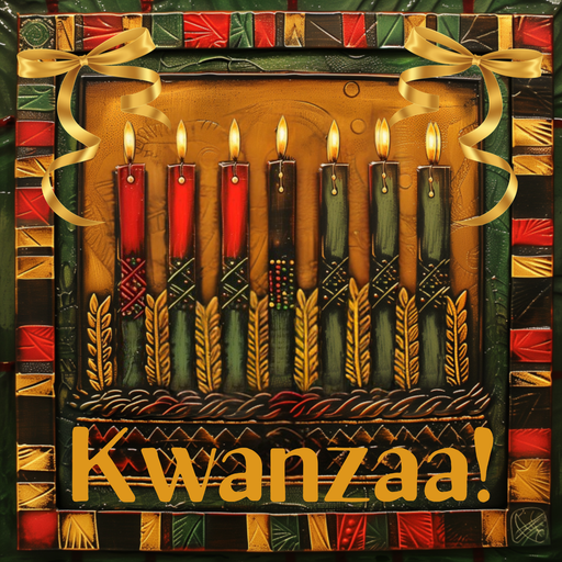 10-inch metal Kwanzaa sign featuring a kinara with seven red, black, and green candles, gold bows in the corners, and a patterned border in traditional Kwanzaa colors.
