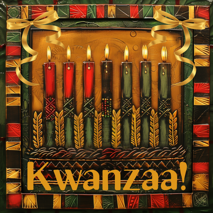 10-inch metal Kwanzaa sign featuring a kinara with seven red, black, and green candles, gold bows in the corners, and a patterned border in traditional Kwanzaa colors.