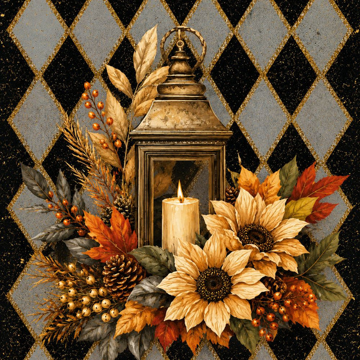 10 x 10 metal fall wreath sign featuring a lantern with candle, golden sunflowers, autumn leaves, pinecones, and berries on a black and gold harlequin background. Exclusive Trendy Tree Design for deco mesh wreaths, grapevine wreaths, or framing. SKU TTE-487.