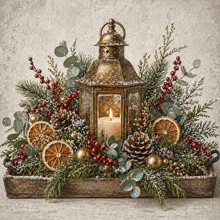 10 x 10 metal Christmas wreath sign featuring a glowing lantern centerpiece with frosted evergreens, dried orange slices, pinecones, eucalyptus, and red berries. Exclusive Trendy Tree Design for deco mesh wreaths, grapevine wreaths, or framing. SKU TTE-486.