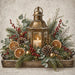10 x 10 metal Christmas wreath sign featuring a glowing lantern centerpiece with frosted evergreens, dried orange slices, pinecones, eucalyptus, and red berries. Exclusive Trendy Tree Design for deco mesh wreaths, grapevine wreaths, or framing. SKU TTE-486.