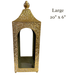 A gold hammered metal artisan lantern with an open arched front and a top loop, available in 20 x 6 and 16 x 5 sizes (M32600AB). Text on the right reads Large 20 x 6.