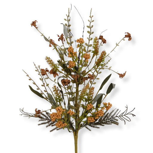 The 24" Beige Lavender Berry Spray Artificial Floral Stem (63048-BE) features beige lavender berries and dried foliage arranged on a single green stem, ideal for floral arrangements and fall décor, shown against a white background.