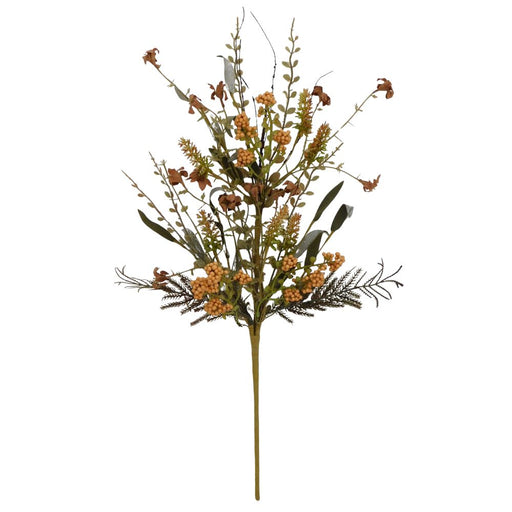 A single 24" Beige Lavender Berry Spray Artificial Floral Stem (63048-BE), featuring green leaves, brown stems, and clusters of small, round yellow-orange berries—perfect for elevating your fall décor or adding a natural touch to floral arrangements.
