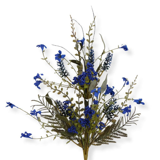 A 24" Royal Blue Lavender Berry Spray Artificial Floral Stem (63048-ROBL), featuring vibrant blue blossoms and green foliage arranged in a fan shape, is perfect for enhancing floral arrangements or wreaths.