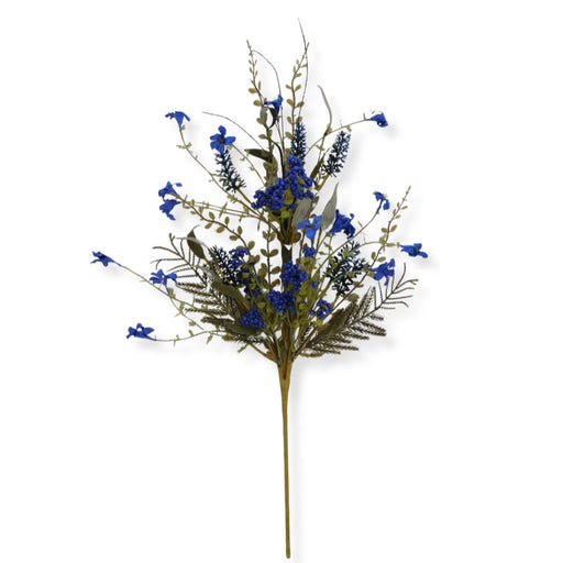 Introducing the 24" Royal Blue Lavender Berry Spray Artificial Floral Stem (63048-ROBL), featuring small blue flowers and green leaves on slender brown branches. Displayed against a white background, this elegant stem is ideal for adding a delicate, royal blue touch to your floral arrangements or wreaths.