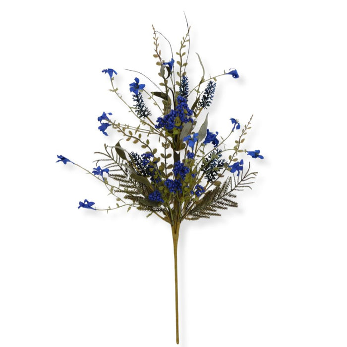 Introducing the 24" Royal Blue Lavender Berry Spray Artificial Floral Stem (63048-ROBL), featuring small blue flowers and green leaves on slender brown branches. Displayed against a white background, this elegant stem is ideal for adding a delicate, royal blue touch to your floral arrangements or wreaths.